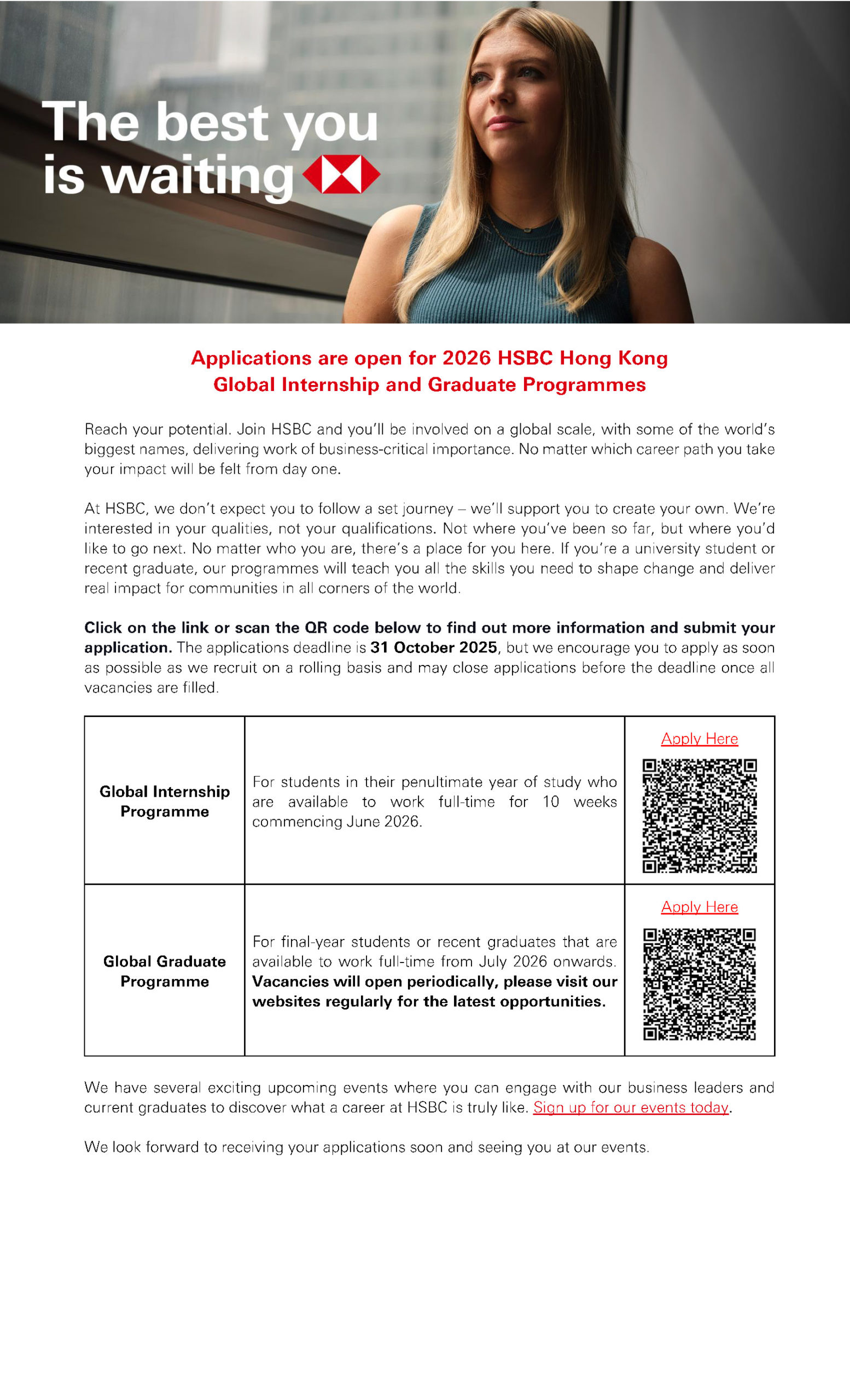 2026 HSBC Hong Kong Global Internship and Graduate Programmes