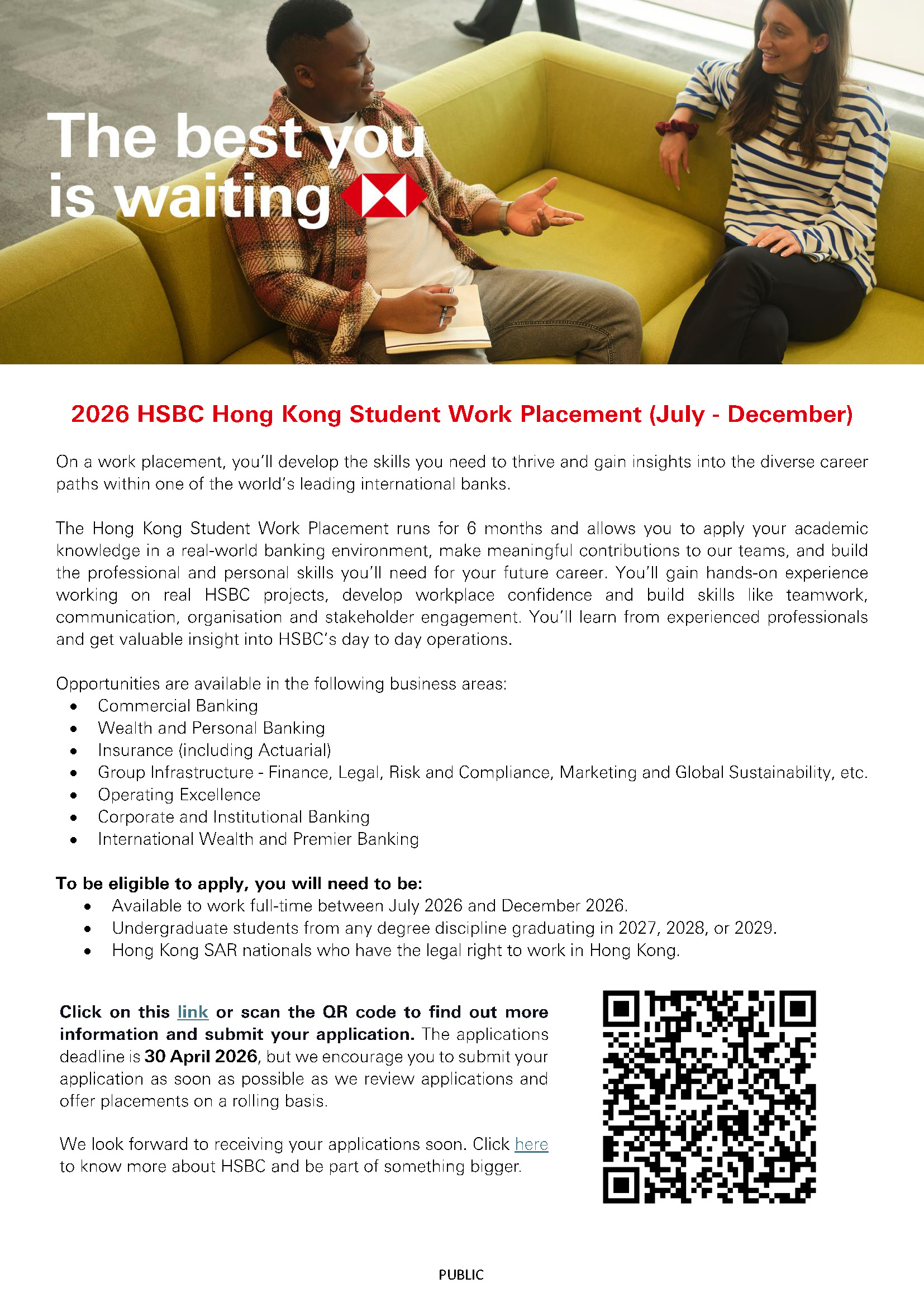 2026 HSBC Hong Kong Student Work Placement (July – December)